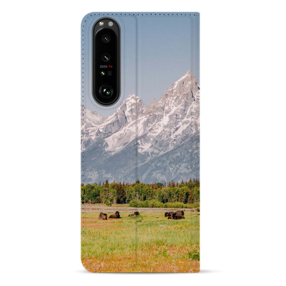 Sneeuwtoppen en grazende dieren op de achterkant van de Xperia 1 III standcase, met langwerpige camera-uitsparing
