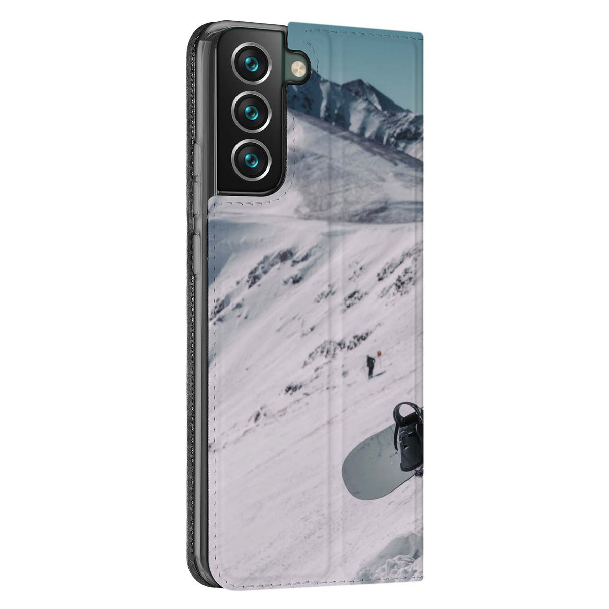 Witte sneeuwhelling met snowboard als voorbeeldontwerp, van achteren met camera-uitsparing: Galaxy S22 Plus standcase
