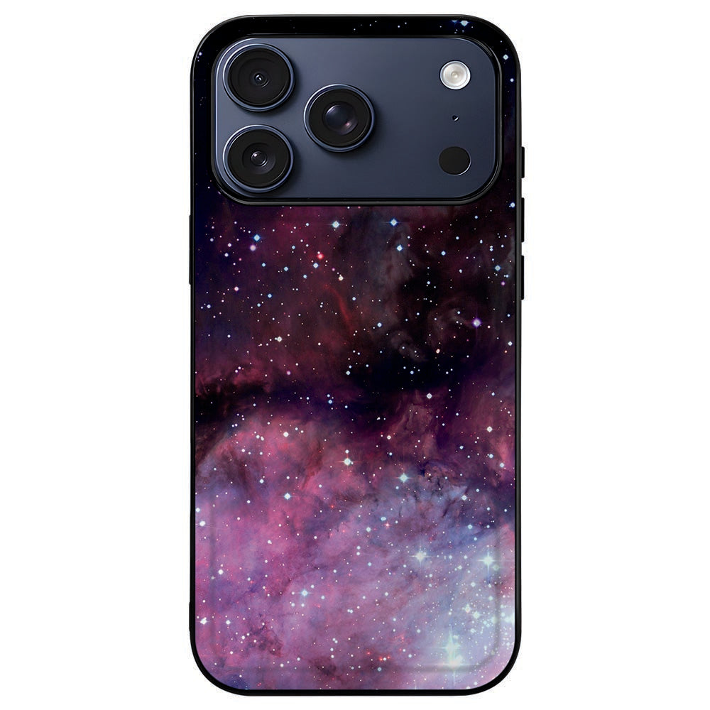 iPhone 18 Pro Max in het Galaxy hoesje, paarse ruimteprint binnen een zwart kader