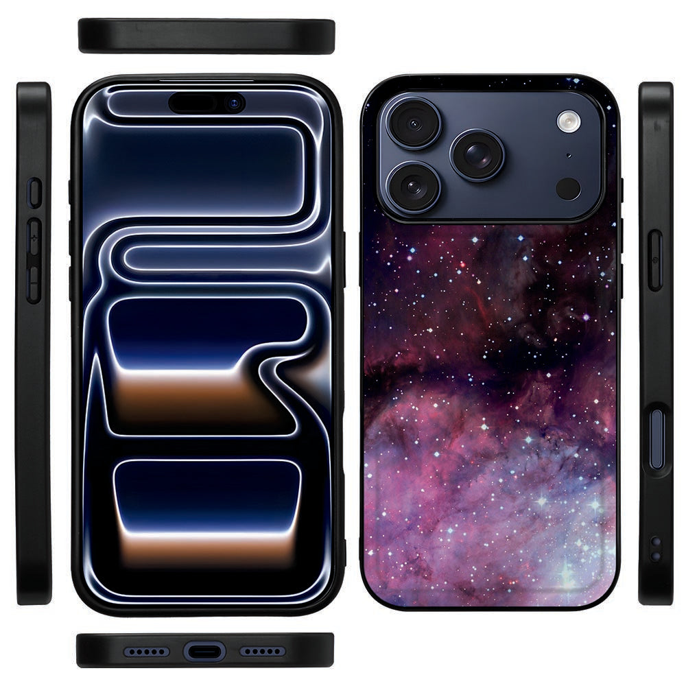 Zijkant van het Galaxy hoesje voor iPhone 18 Pro Max met de zwarte TPU-rand en knopopeningen