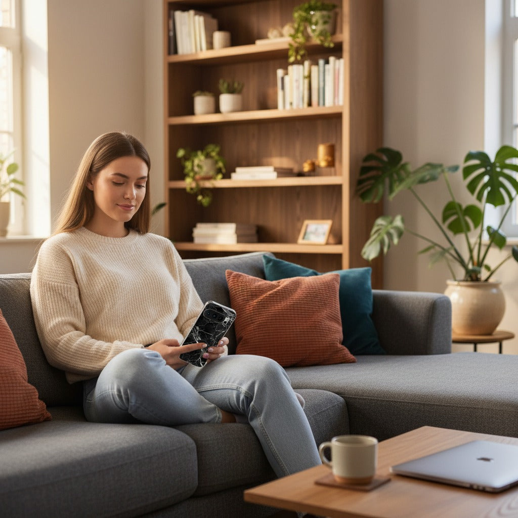Google Pixel 10 / 10 Pro TPU hoesje Marmer Zwart - lifestyle foto in huiselijke setting