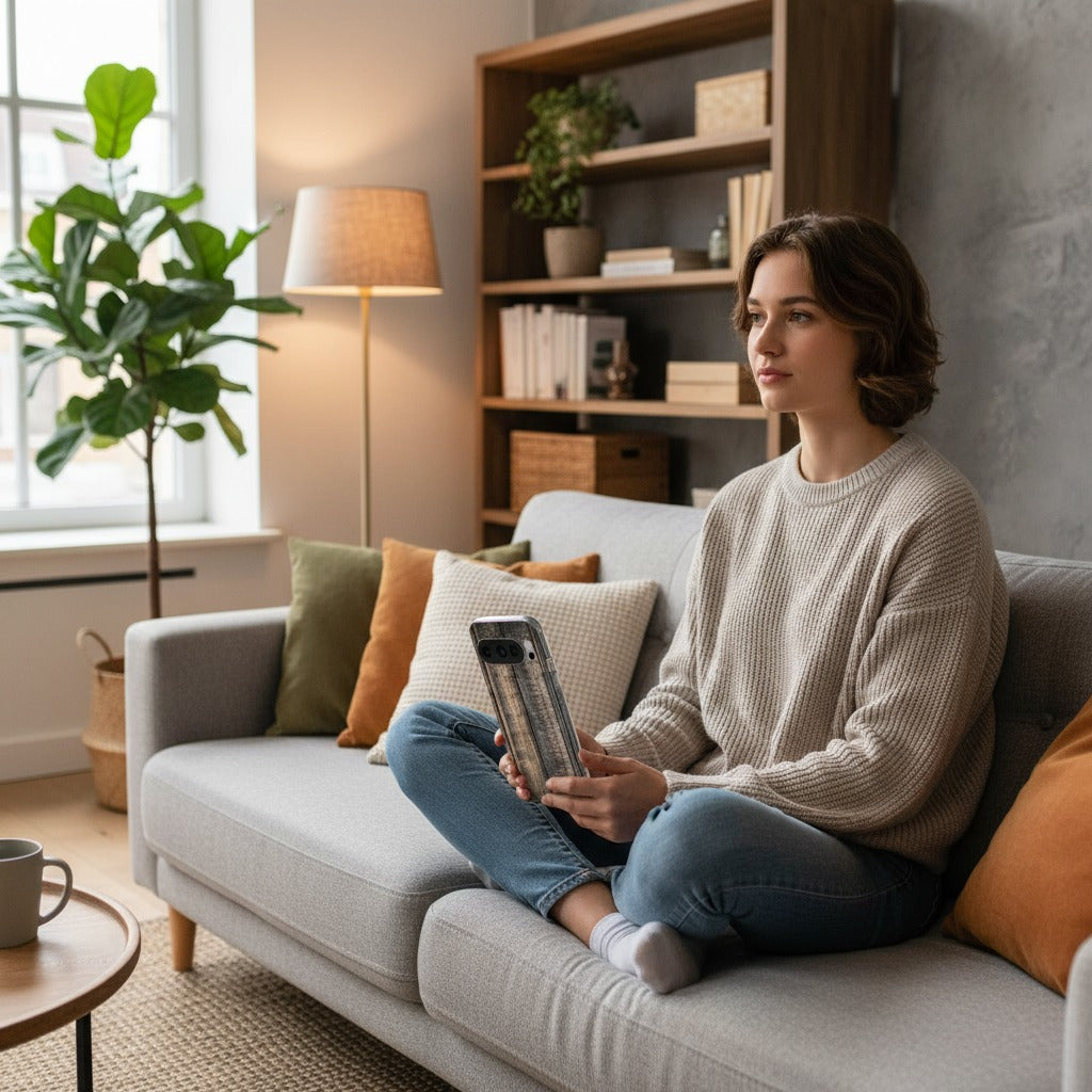 Google Pixel 10 / 10 Pro TPU hoesje Steigerhout - lifestyle foto in huiselijke setting