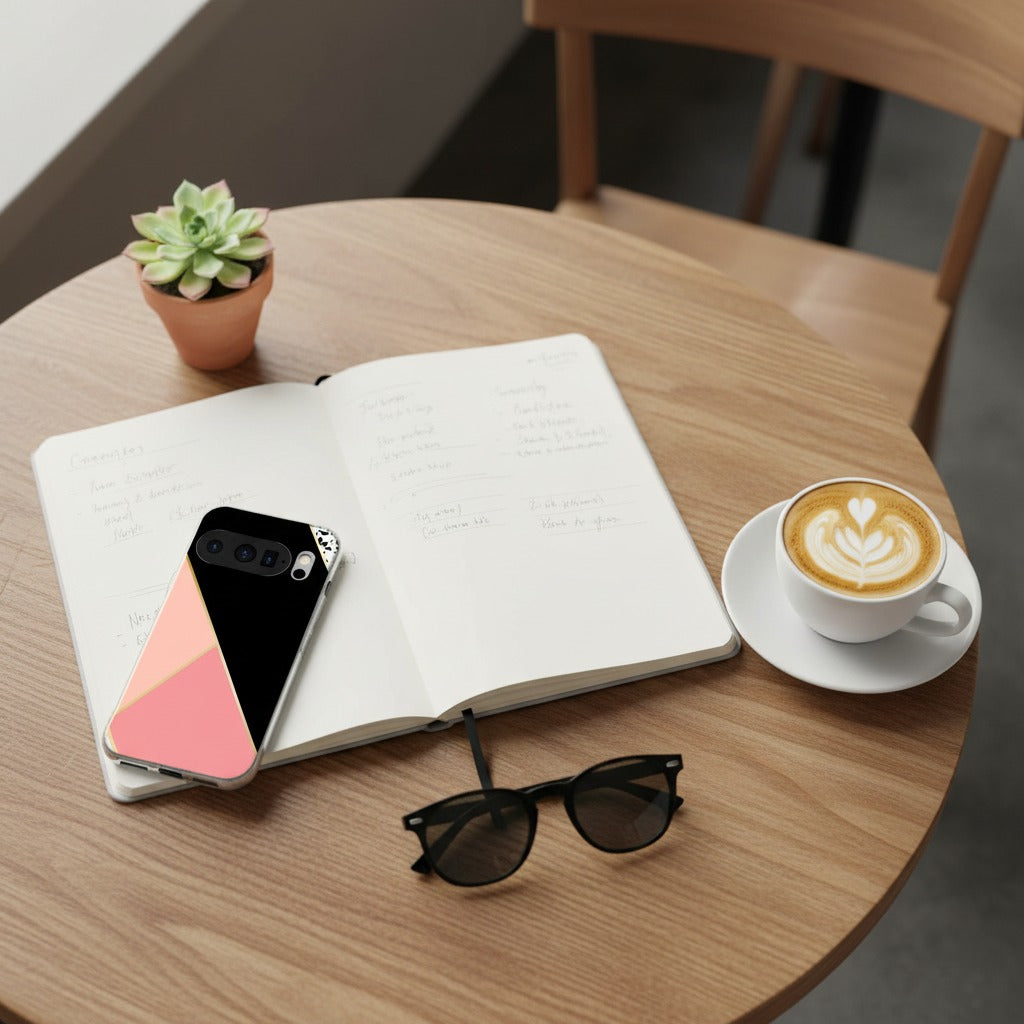 Google Pixel 10 / 10 Pro TPU hoesje Black Pink Shapes - lifestyle foto in huiselijke setting