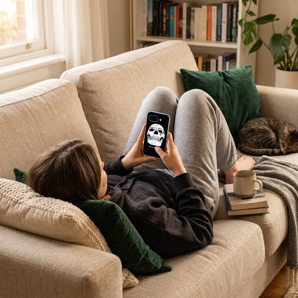 Back cover hoesje Google Pixel 10a Skull Eyes - lifestyle foto in huiselijke setting