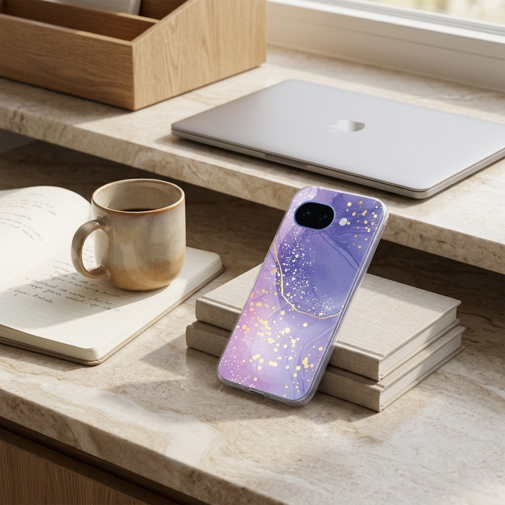 Google Pixel 10a back cover hoesje Watercolor Paars - lifestyle foto in huiselijke setting