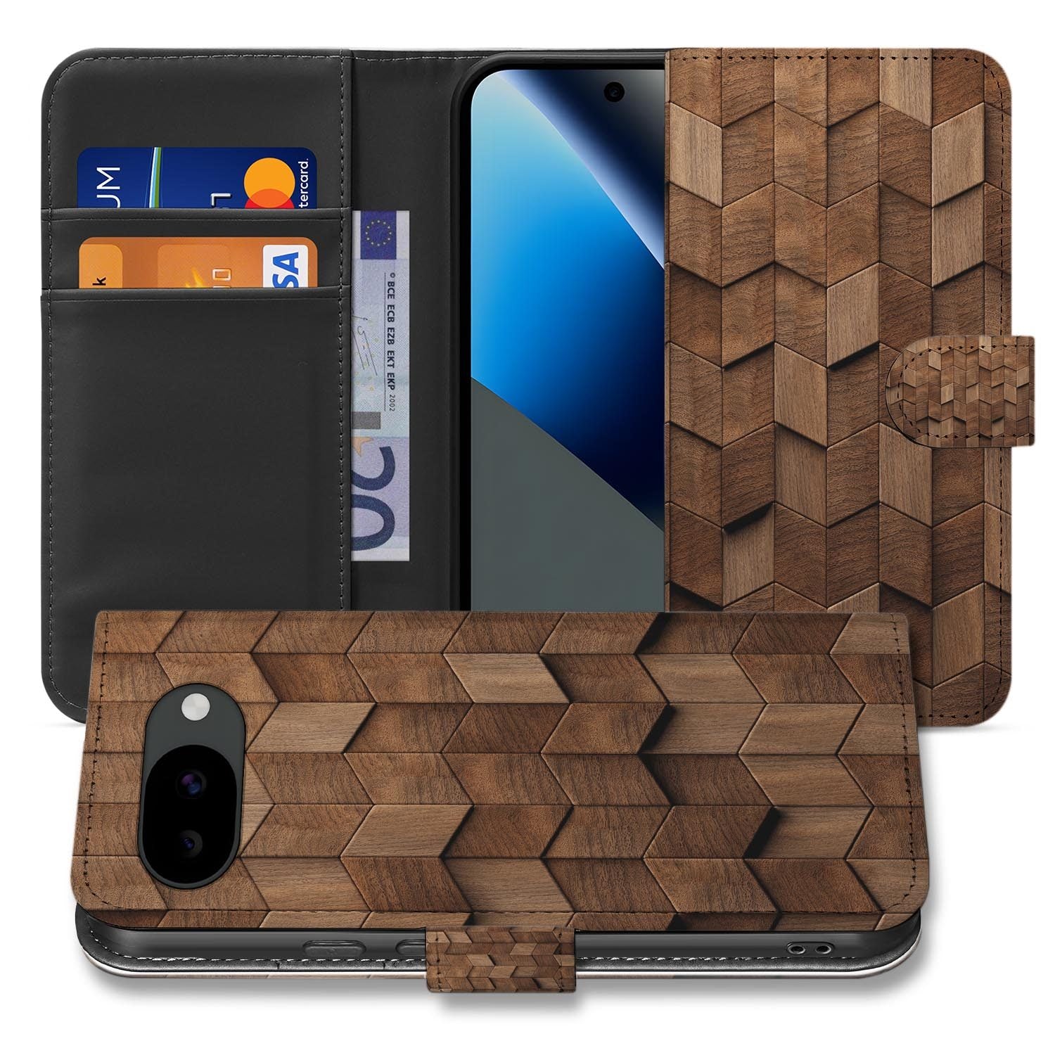 Bruin Houtprint bookcase hoesje voor de Google Pixel 10a