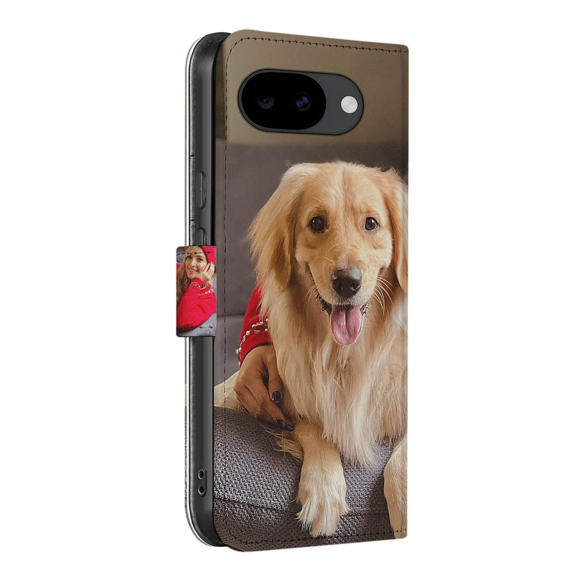 Google Pixel 10a Bookcase Hoesje Maken met Eigen Foto van een gouden retriever en een persoon.