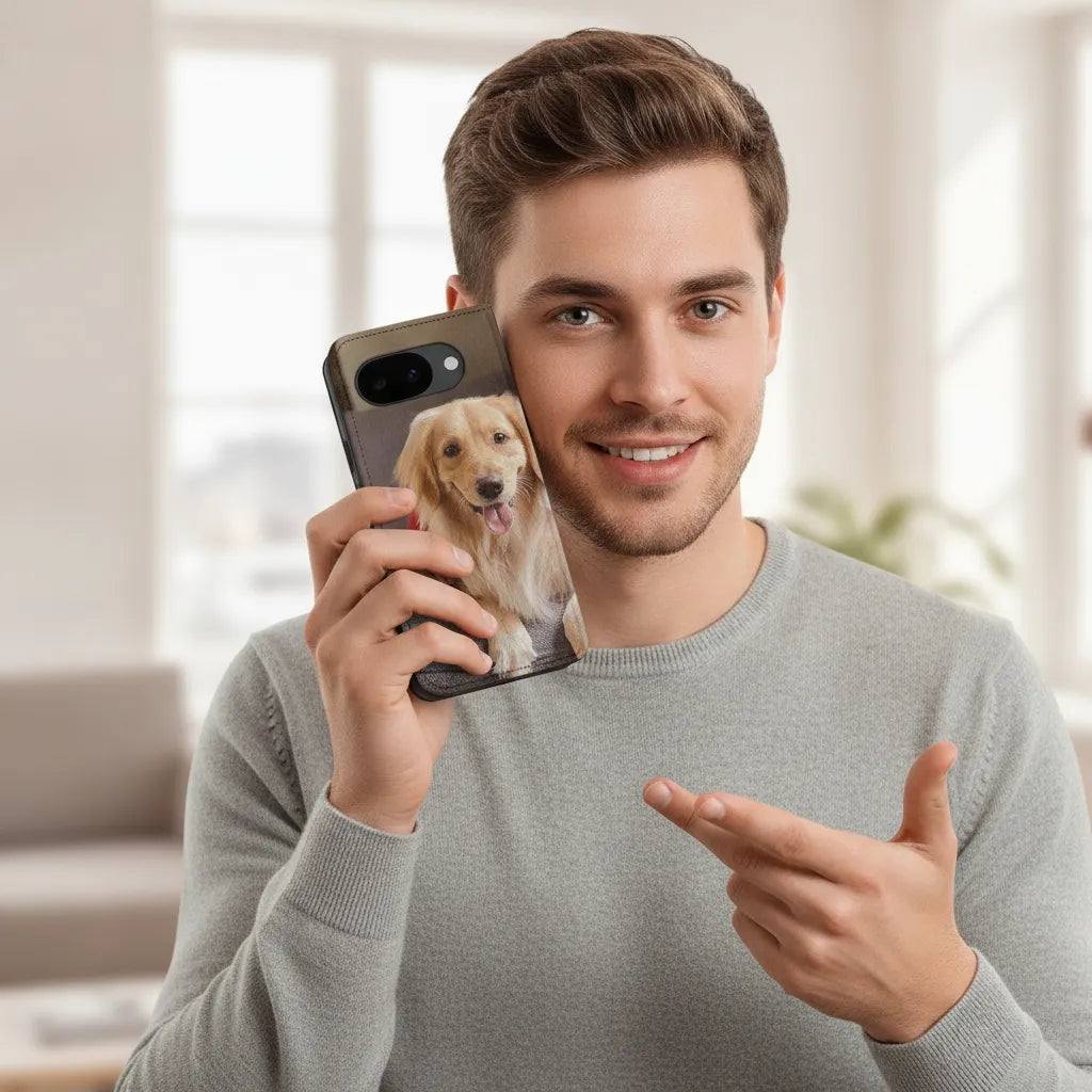Man met Google Pixel 10a Bookcase Hoesje Maken met Eigen Foto van zijn hond