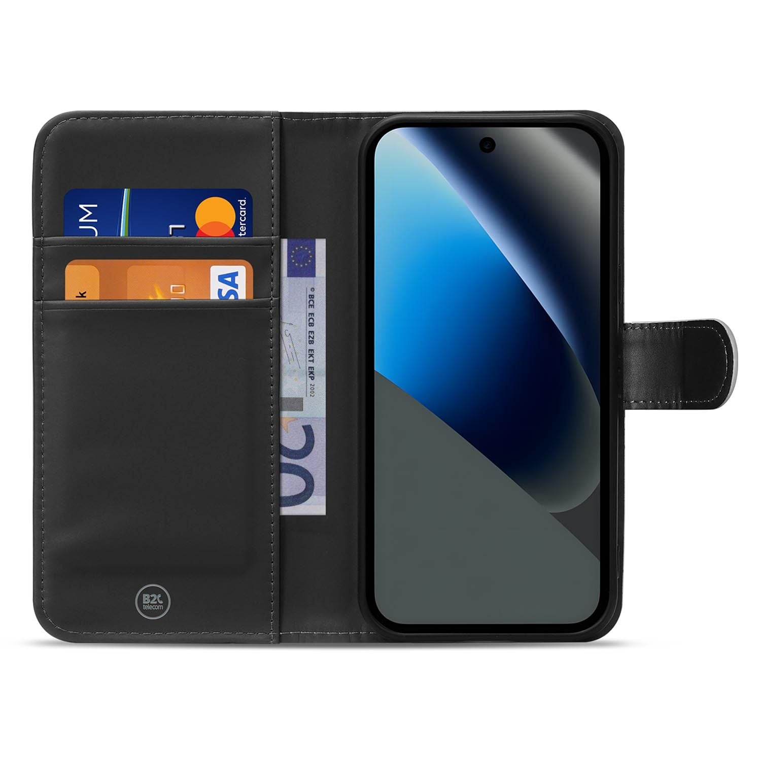 Google Pixel 10a Bookcase Hoesje Maken met Eigen Foto, zwart bookcase hoesje met pasjes en geld.