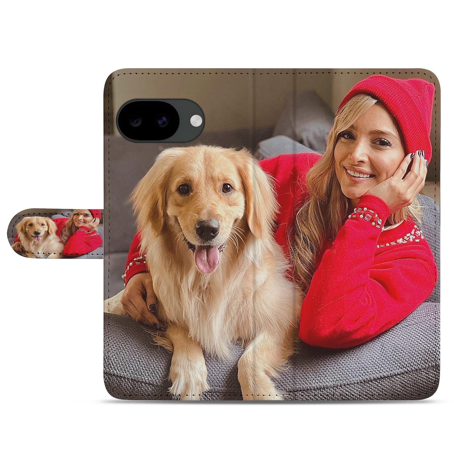 Google Pixel 10a Bookcase Hoesje Maken met Eigen Foto van een vrouw en hond op een grijze bank.