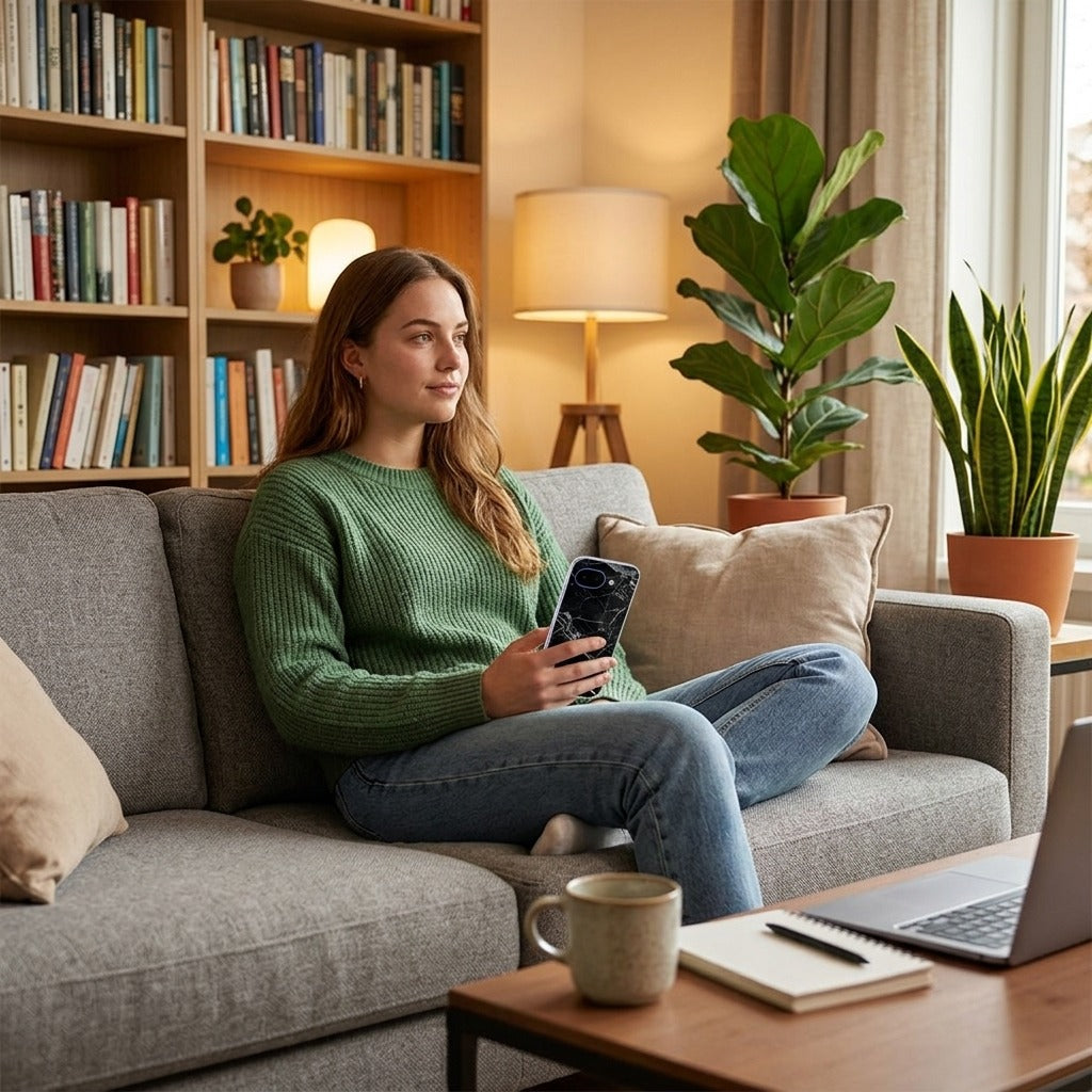 Google Pixel 10a siliconen hoesje Marmer Zwart - lifestyle foto in huiselijke setting