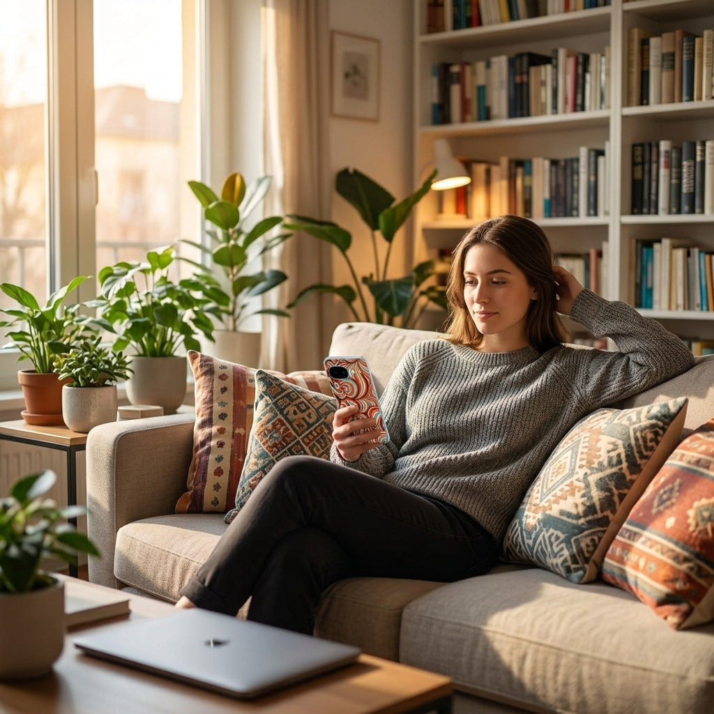 Google Pixel 10a siliconen hoesje Retro - lifestyle foto in huiselijke setting