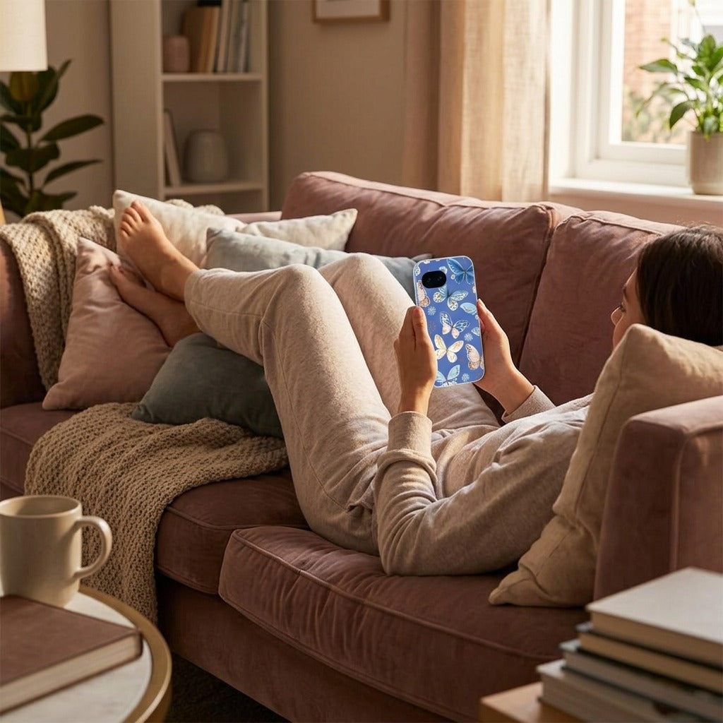 Google Pixel 10a siliconen hoesje Vlinder - lifestyle foto in huiselijke setting