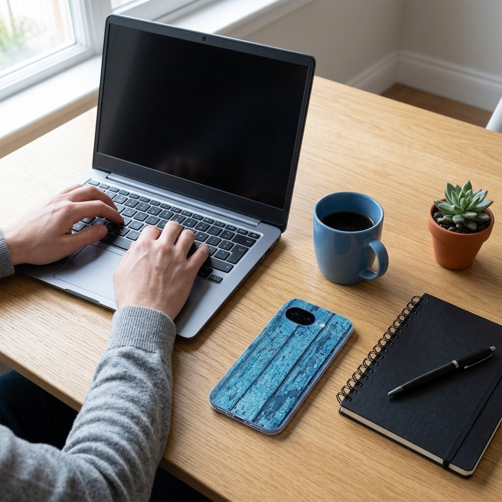 Siliconen hoesje Google Pixel 10a Wood Blue - lifestyle foto in huiselijke setting
