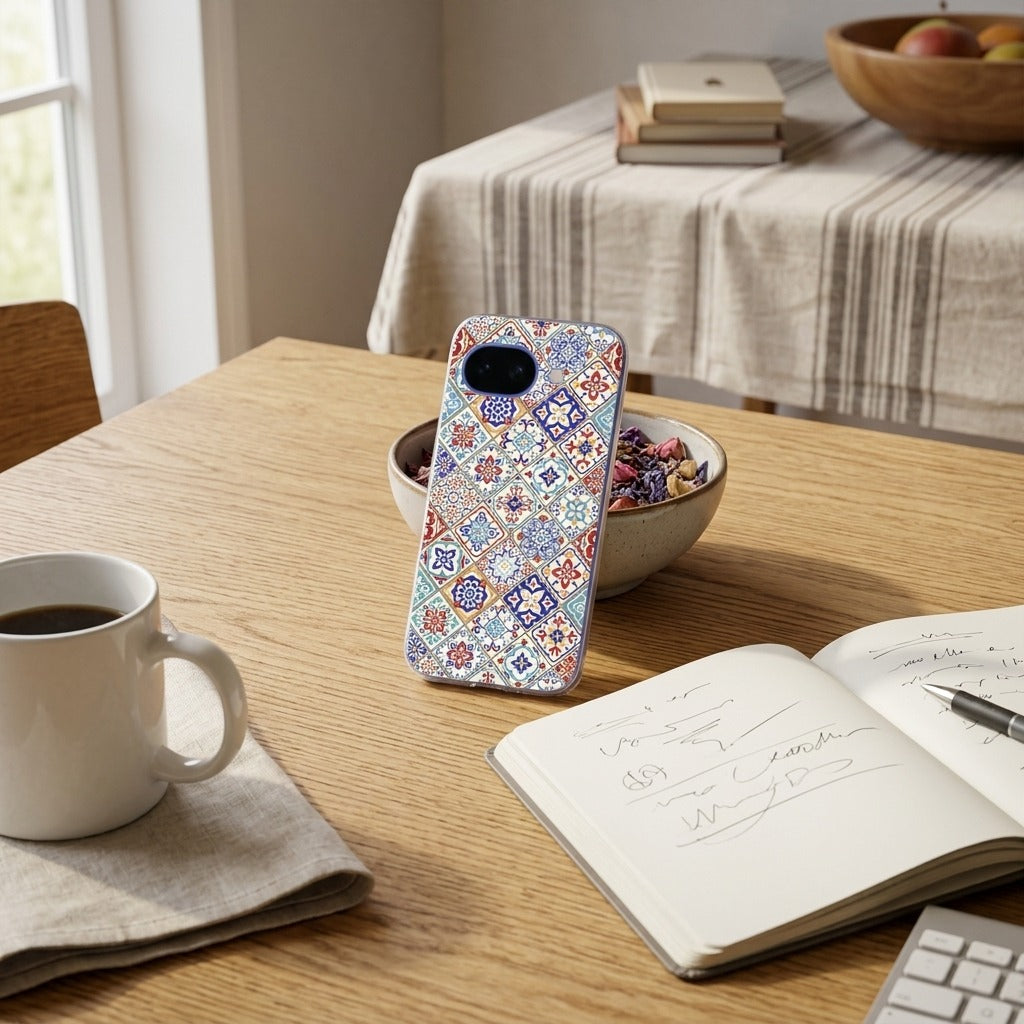 Google Pixel 10a TPU hoesje Tiles Color - lifestyle foto in huiselijke setting