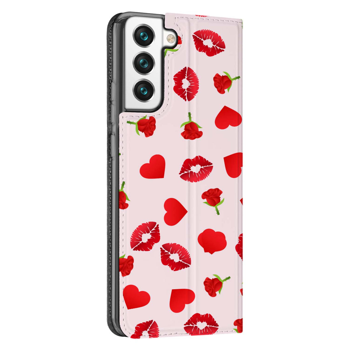 Patroon van rode hartjes, rozen en kusmonden op lichtroze op de achterkant van de Galaxy S22 standcase, camera linksboven