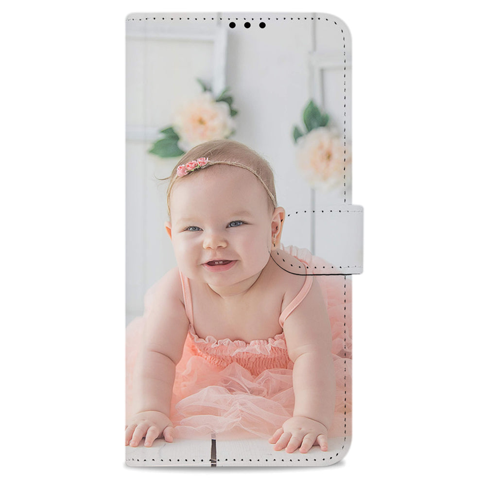 Voorkant van de OPPO A52/A72 bookcase met een lachende baby in roze tutu en bloemen op de achtergrond
