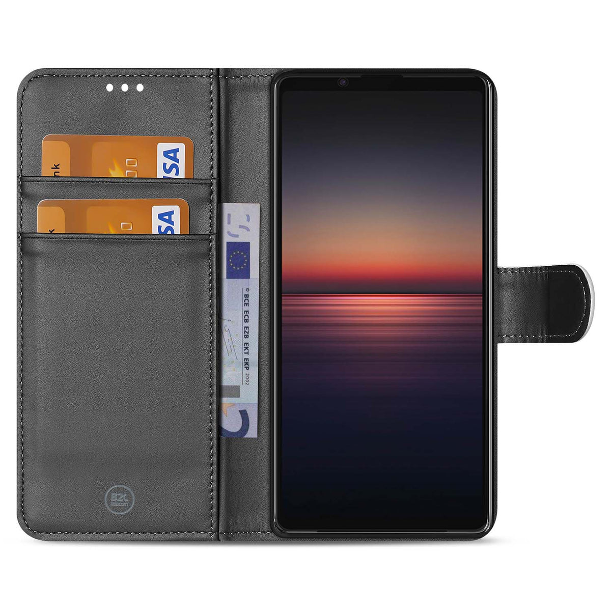 Sony Xperia 1 II in de opengeklapte bookcase, met twee pasjesvakken en een vak voor briefgeld