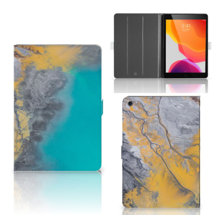 Leuk Tablet hoesje Marble Blue Gold - collage met voor-, achter- en binnenkant