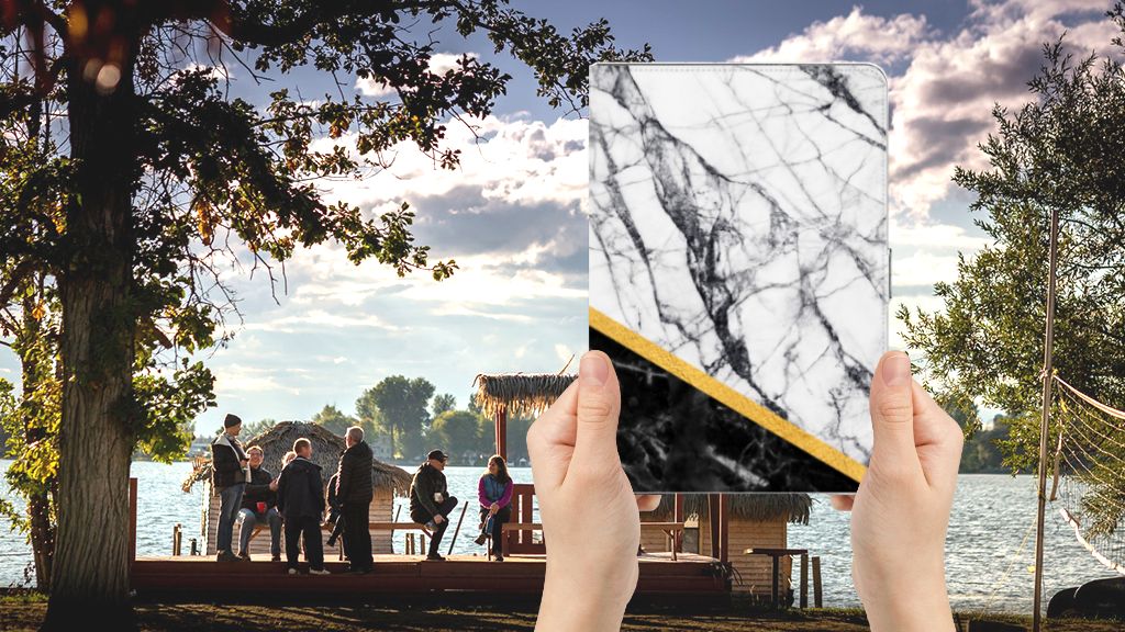 Leuk Tablet hoesje Marmer Wit Zwart - Origineel Cadeau Man - voorkant