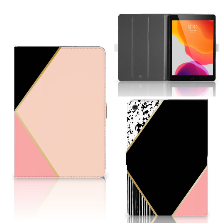 Tablet Beschermhoes Zwart Roze Vormen - collage met voor-, achter- en binnenkant
