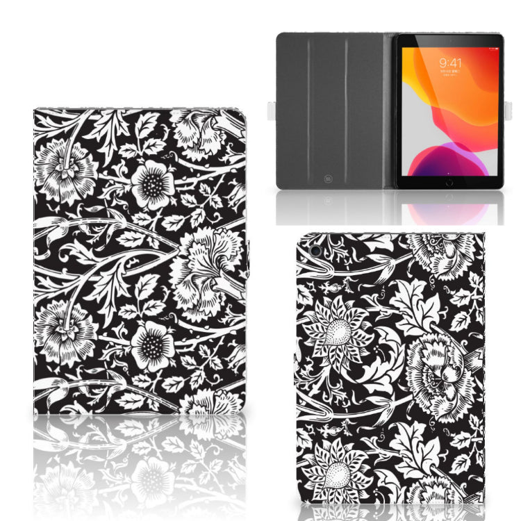Tablet Cover Black Flowers - collage met voor-, achter- en binnenkant