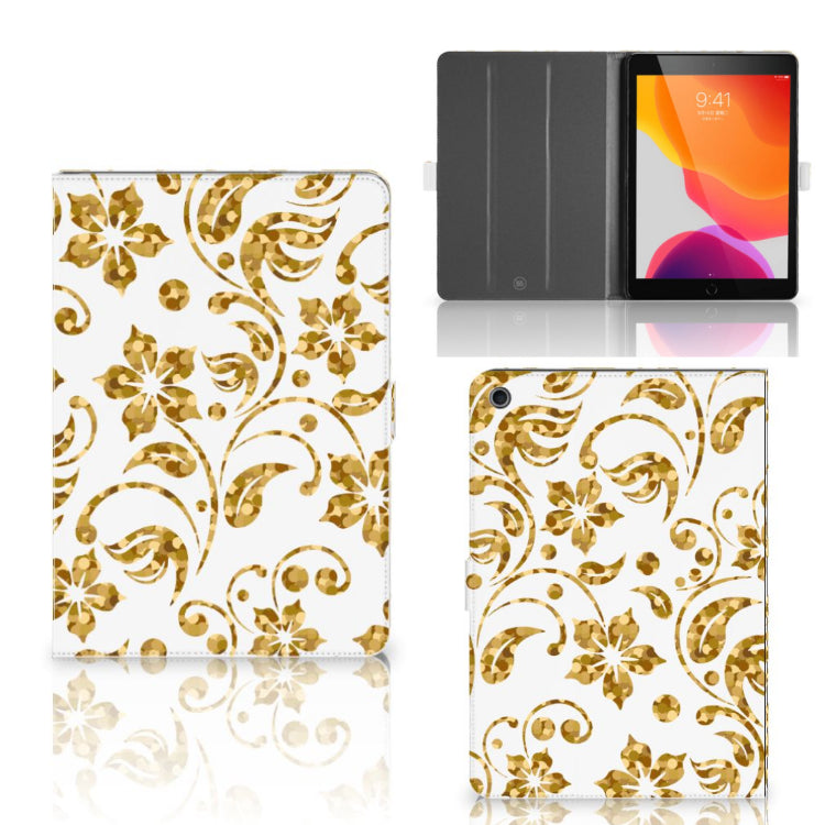 Tablet Cover Gouden Bloemen - collage met voor-, achter- en binnenkant