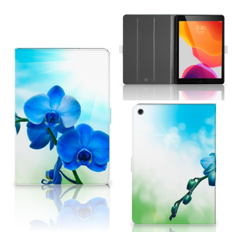 Tablet Cover Orchidee Blauw - Cadeau voor je Moeder - collage met voor-, achter- en binnenkant
