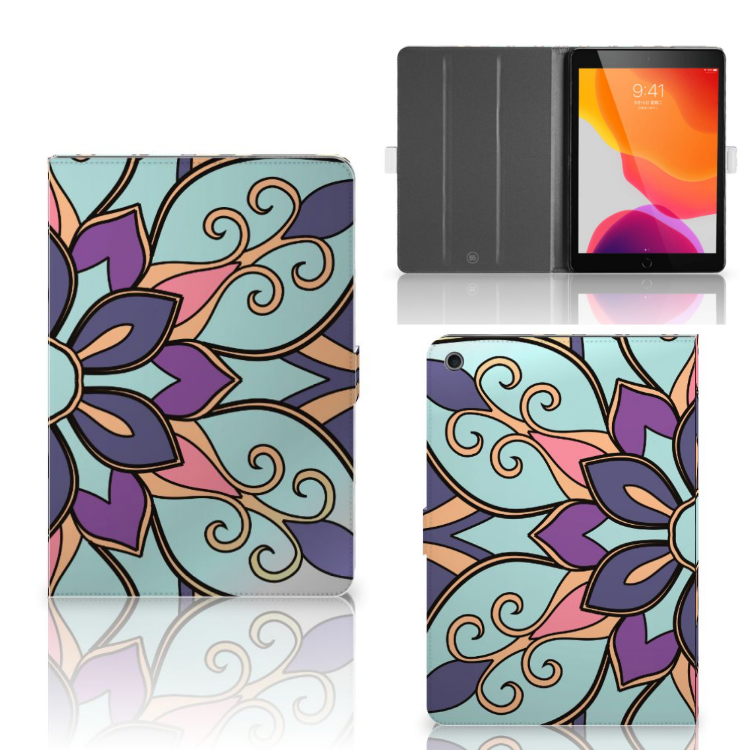 Tablet Cover Purple Flower - collage met voor-, achter- en binnenkant