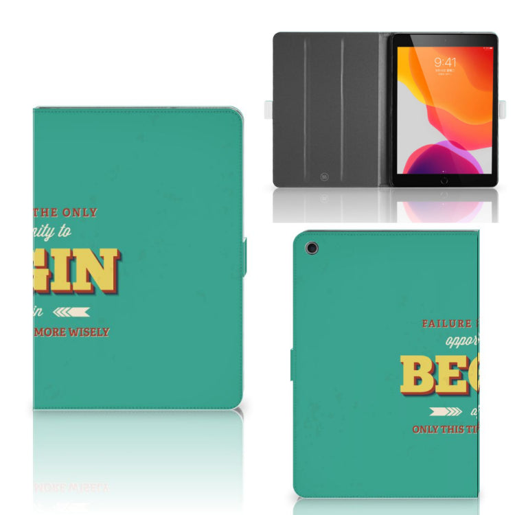 Tablet Hoesje met naam Quote Begin - collage met voor-, achter- en binnenkant