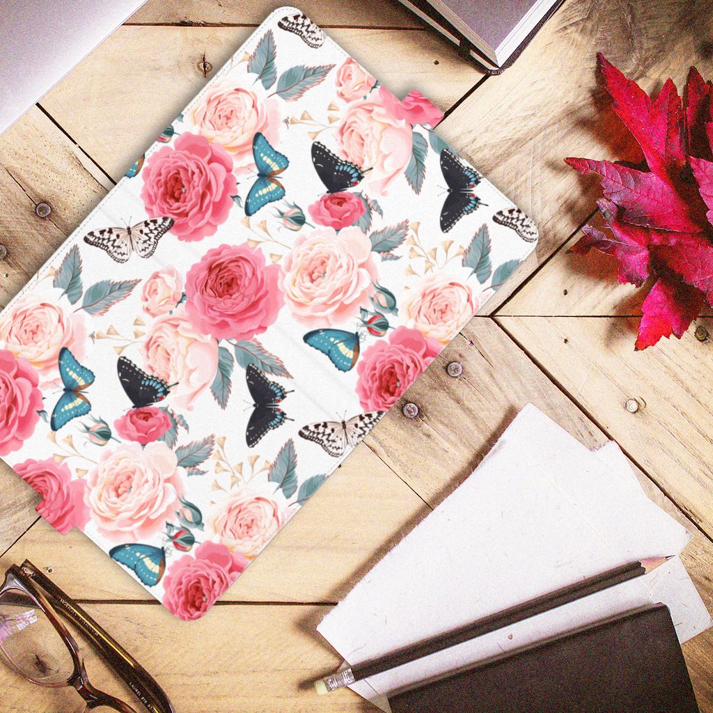 iPad Air (2020/2022) 10.9 inch Tablet Cover Butterfly Roses design bovenaanzicht
