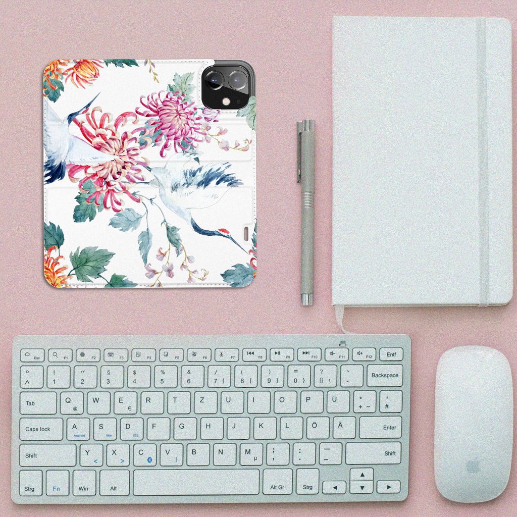 iPhone 12 iPhone 12 Pro Hoesje maken Bird Flowers design bloemen ooievaar aanzicht
