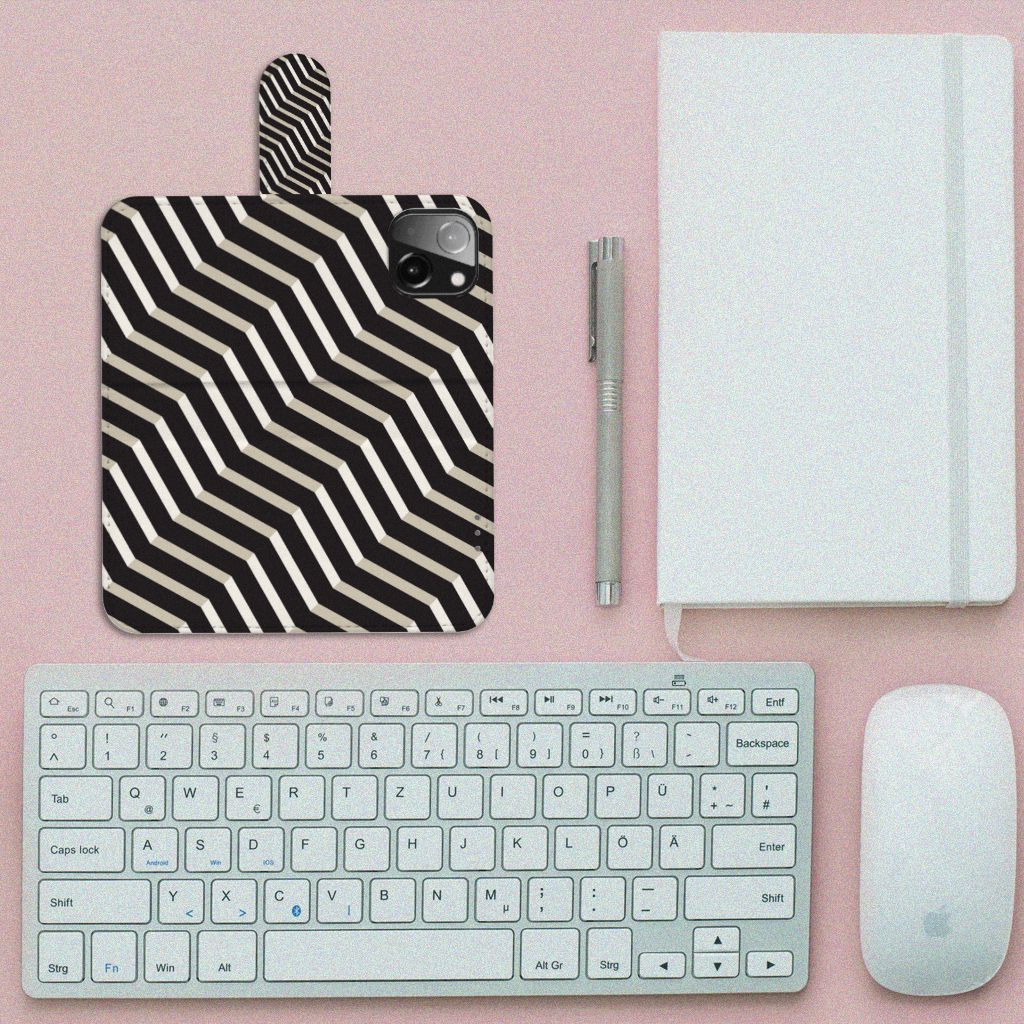 iPhone 13 Mini Book Case Illusion design zwart wit zigzag aanzicht
