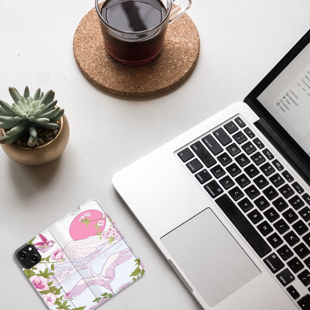 Apple iPhone 13 Mini Hoesje maken Bird Standing boven aanzicht met laptop en koffie