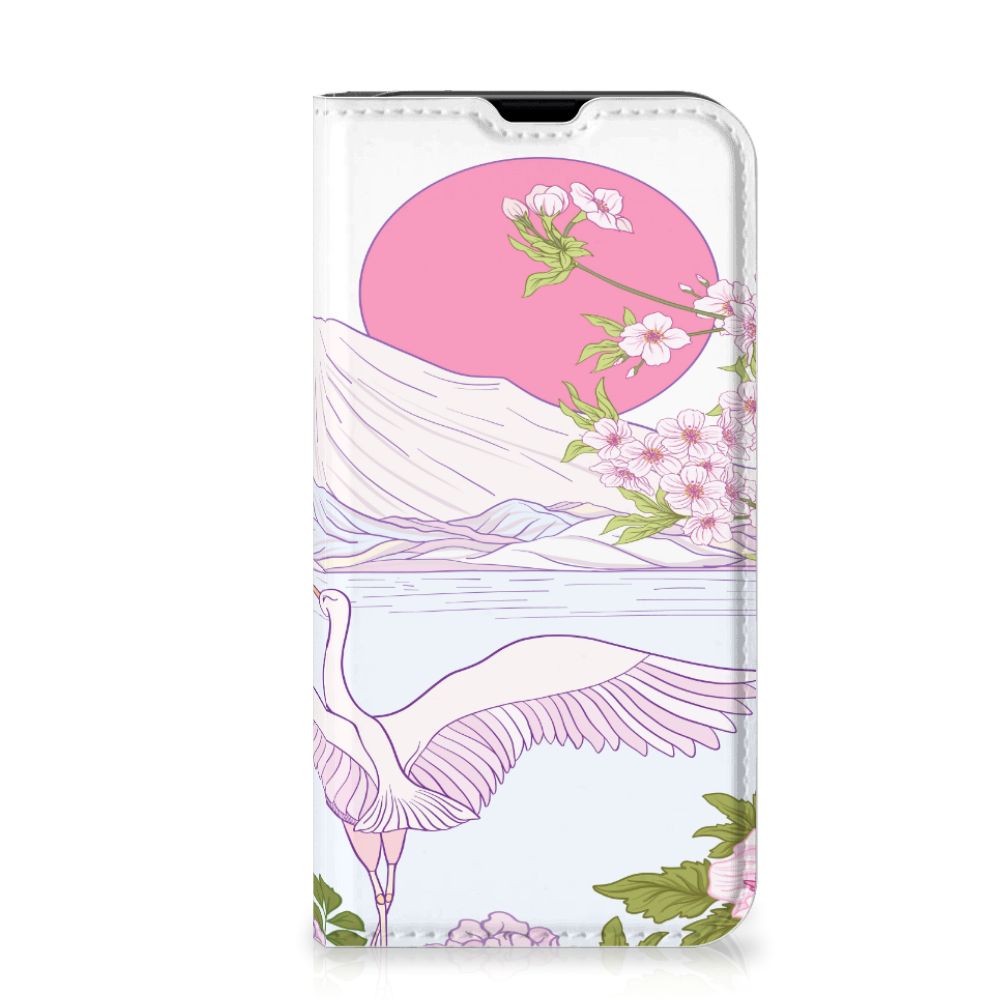 iPhone 13 Mini Hoesje maken Bird Standing design met bloemen en vleugel in het roze aanzicht