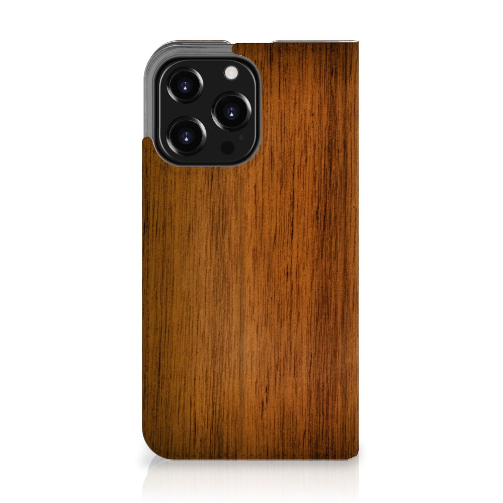 iPhone 13 Pro Book Wallet Case Donker Hout hoesje hout design achterkant