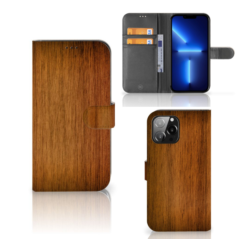 iPhone 13 Pro Max Book Style Case Donker Hout bookcase houten print voorzijde zijkant