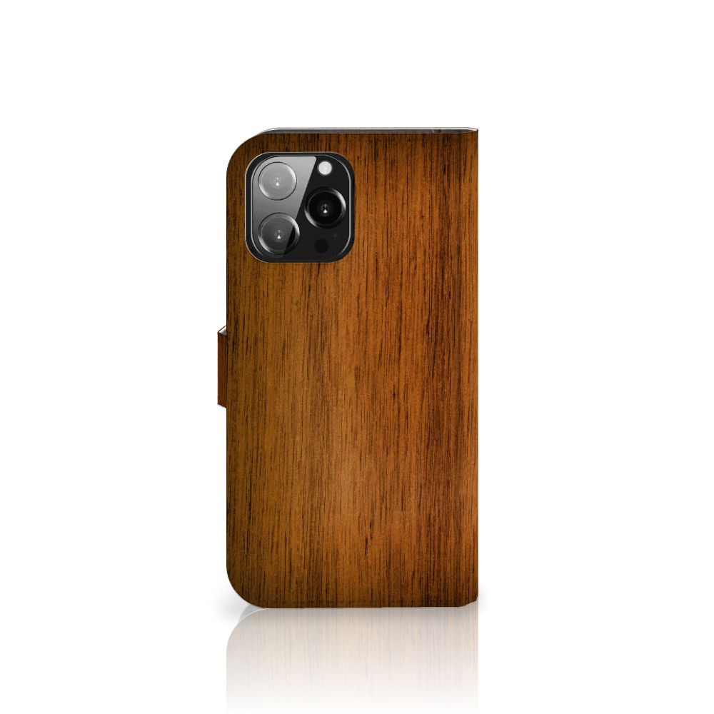 iPhone 13 Pro Max Book Style Case Donker Hout achterzijde houten design