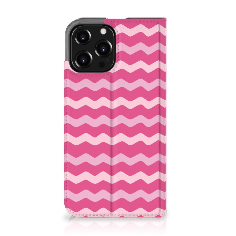 iPhone 13 Pro Max Hoesje met Magneet Waves Pink design roze golven aanzicht