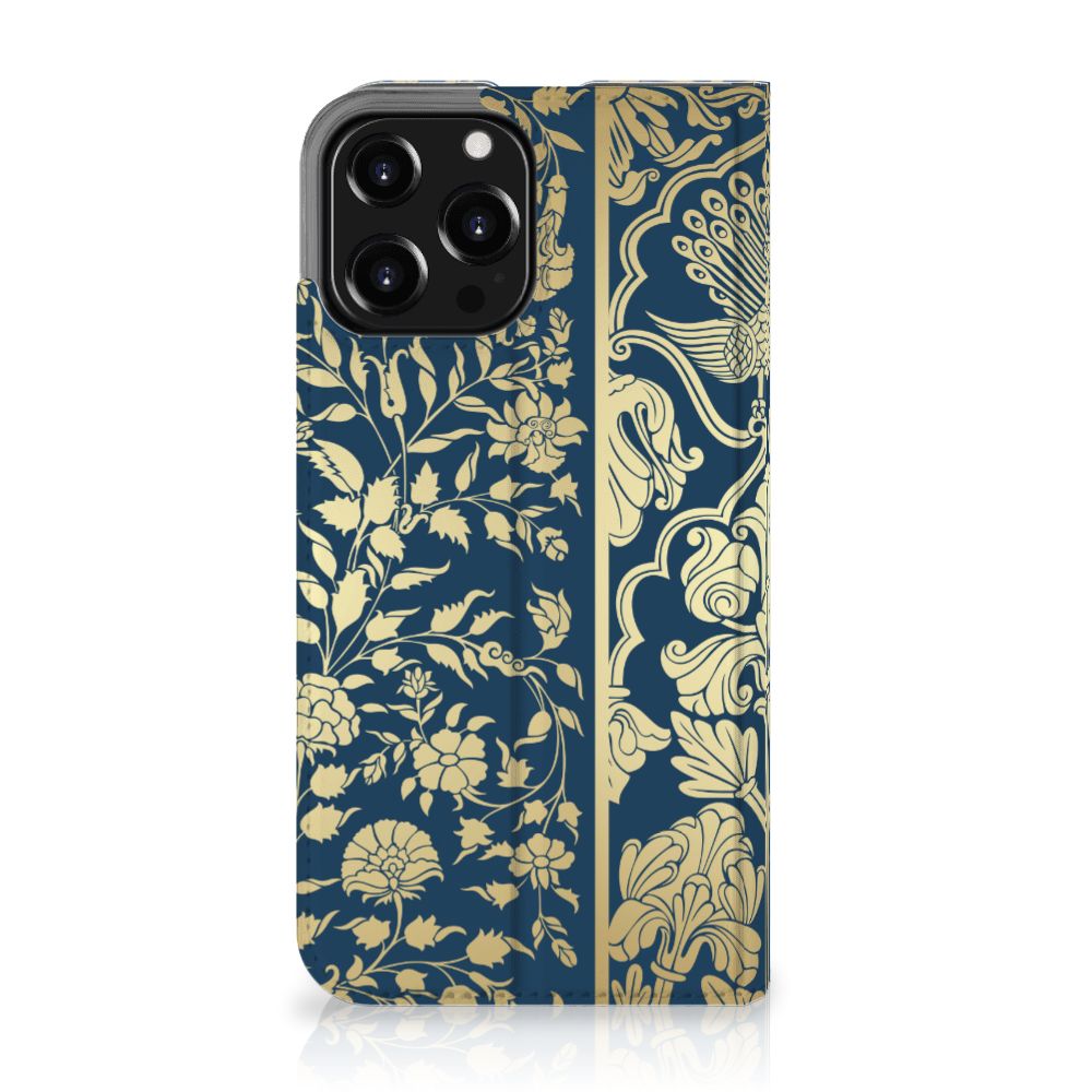 iPhone 13 Pro Max Smart Cover Beige Flowers bloemen donkerblauw design achterkant