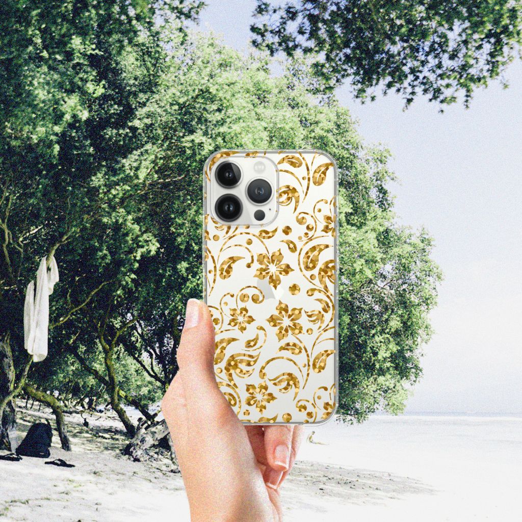iPhone 13 Pro Max TPU Case Gouden Bloemen achterkant hand natuur