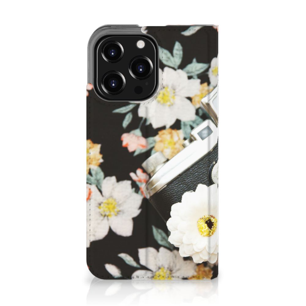 iPhone 13 Pro Stand Case Vintage Camera telefoonhoesje vintage camera bloemen