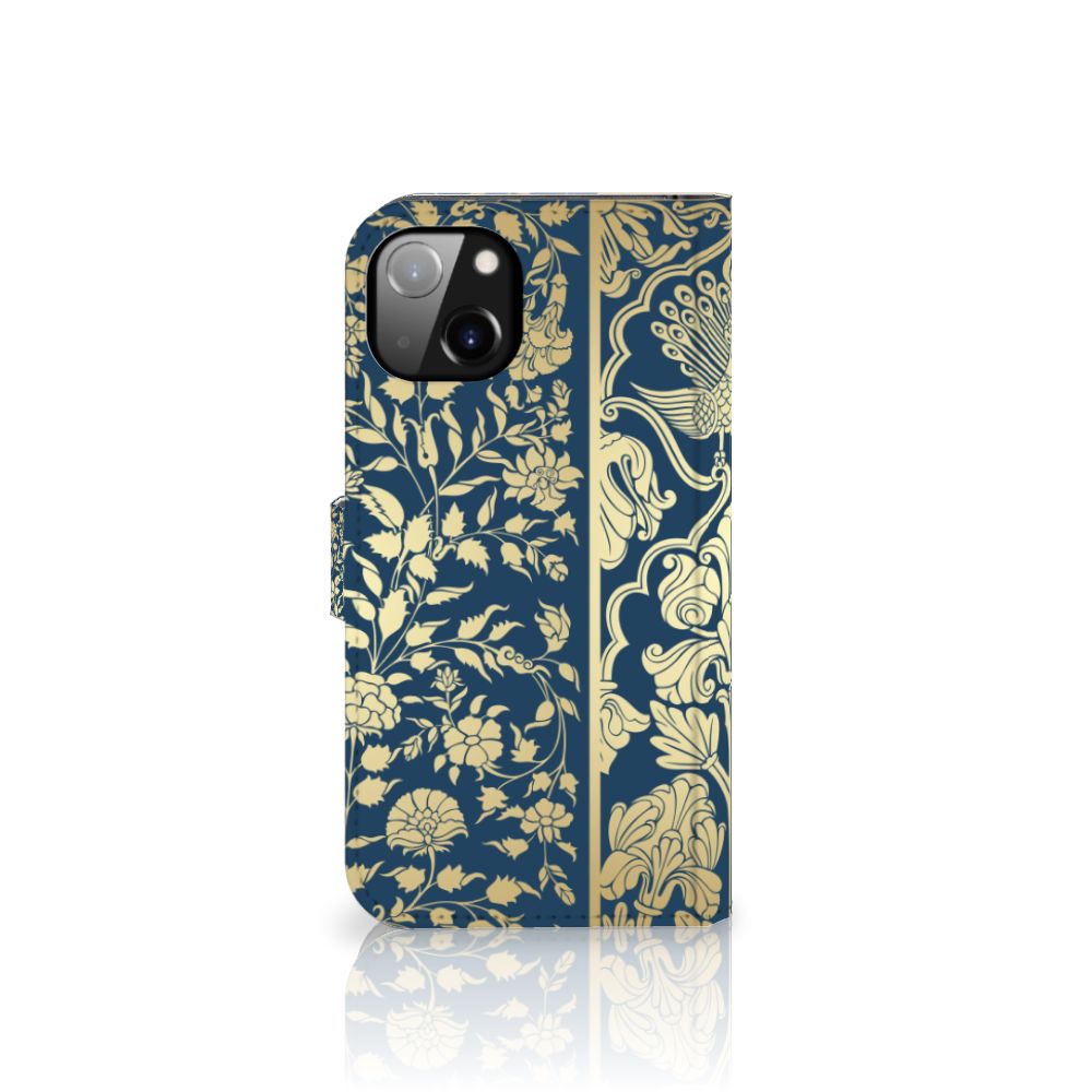 iPhone 14 Plus Hoesje Beige Flowers ontwerp bloemen blauw aanzicht