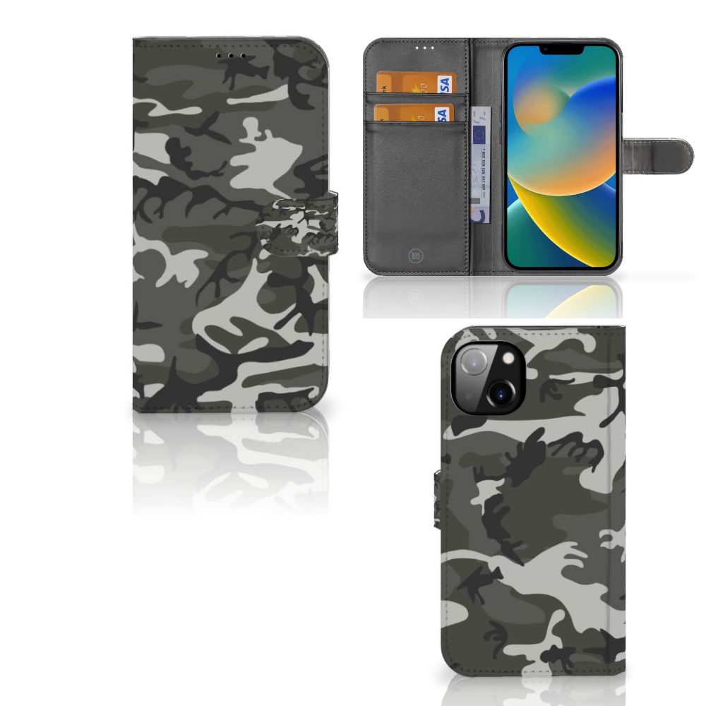 iPhone 14 Plus Telefoon Hoesje Army Light telefoonhoesje camouflage design voorkant zijkant