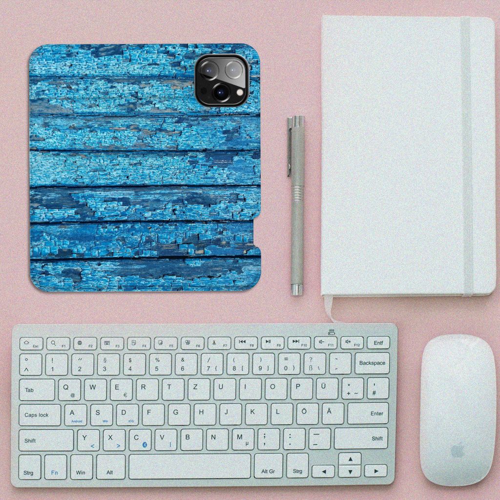 iPhone 14 Pro Max Book Wallet Case Wood Blue design blauw hout aanzicht