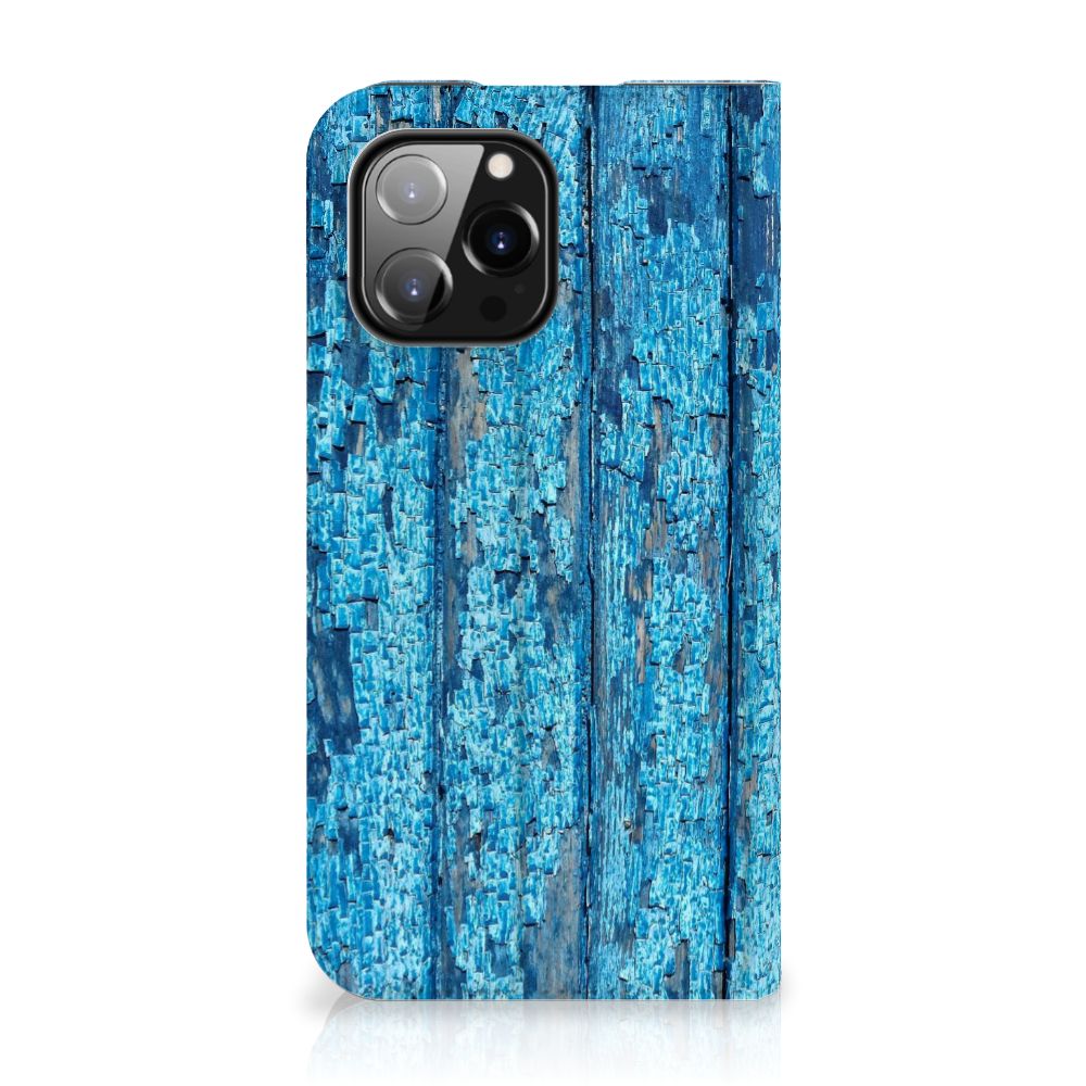 iPhone 14 Pro Max Book Wallet Case Wood Blue blauw hout voorkant
