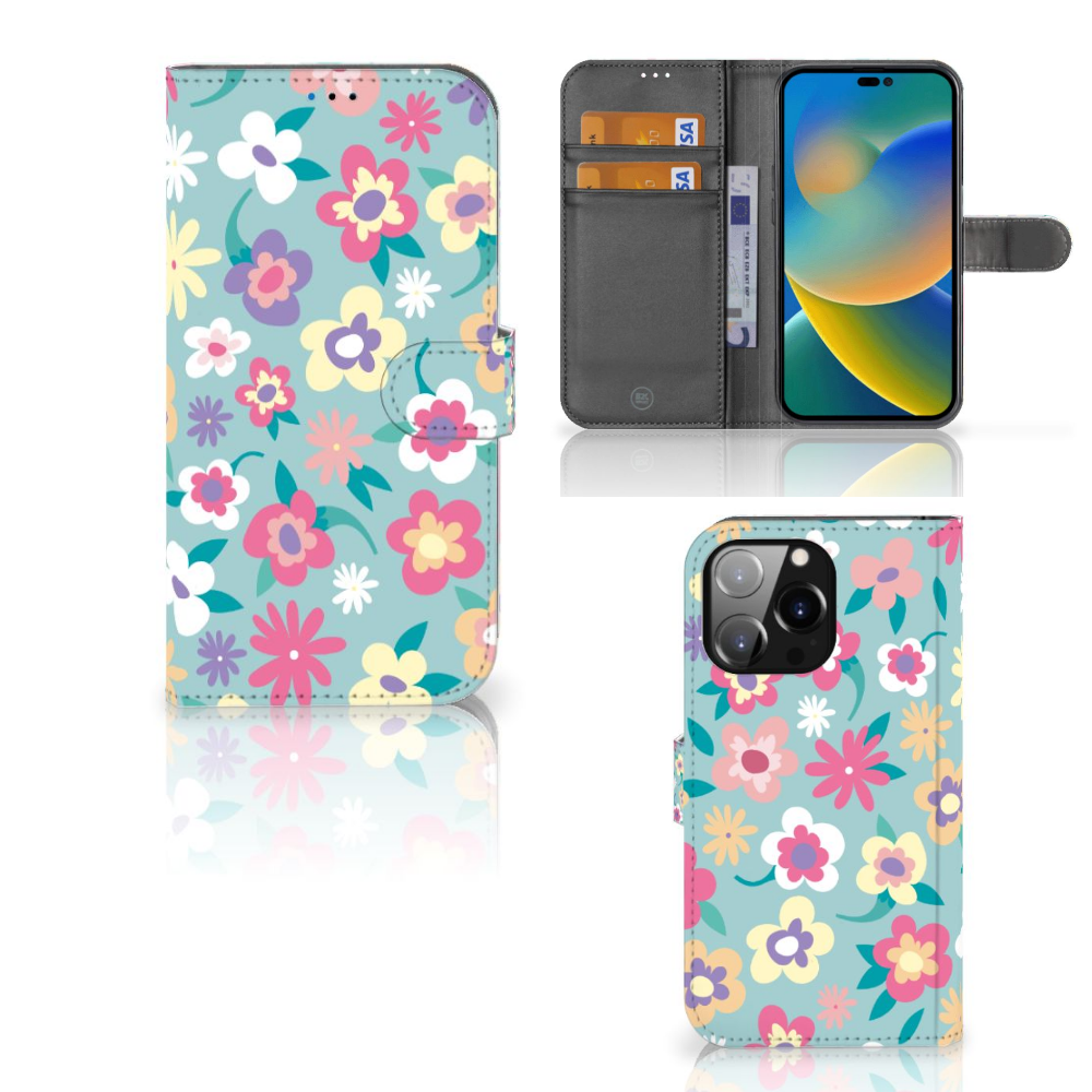 iPhone 14 Pro Max Hoesje Flower Power telefoonhoesje Flower Power voorkant zijkant binnenkant