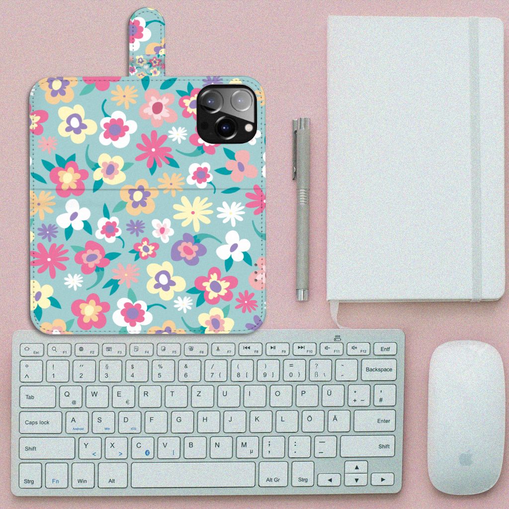 iPhone 14 Pro Max Hoesje Flower Power bloemen vrolijk bovenaanzicht