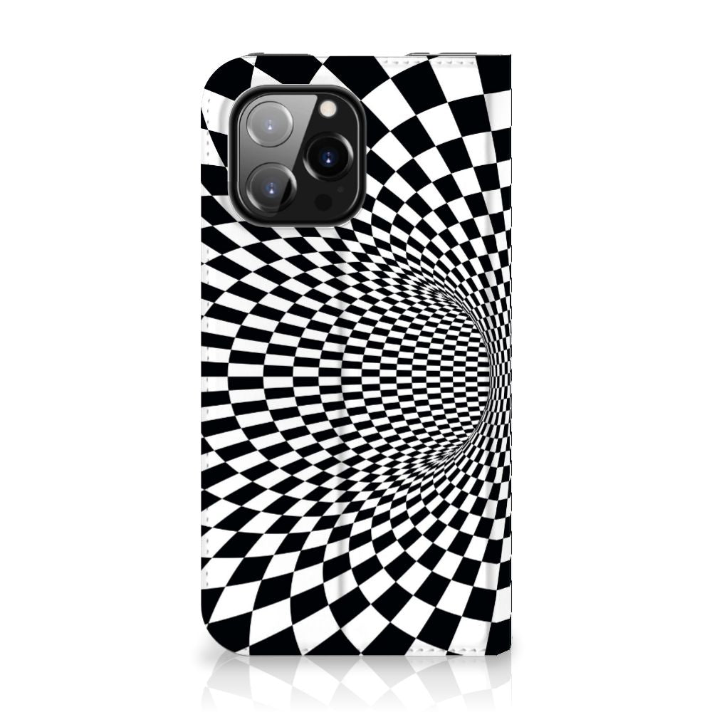 Apple iPhone 14 Pro Max Stand Case Illusie zwart wit checkered design aanzicht