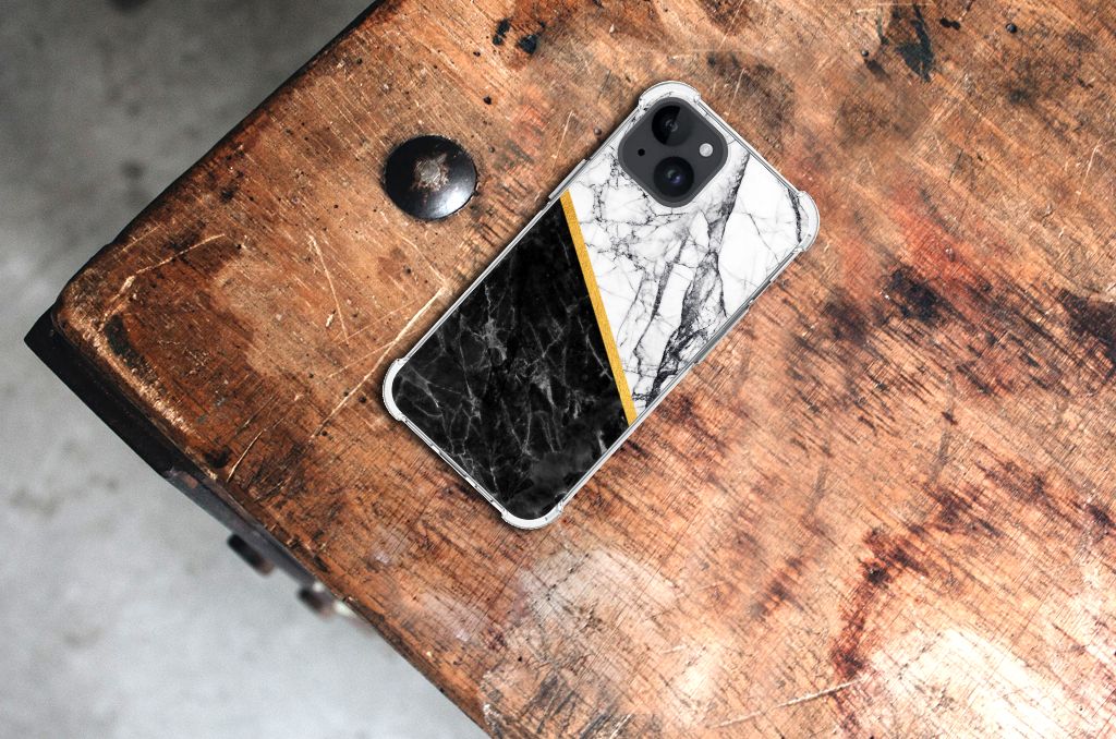 iPhone 15 Anti-Shock Hoesje Marmer Wit Zwart - Origineel Cadeau Man B2C Telecom